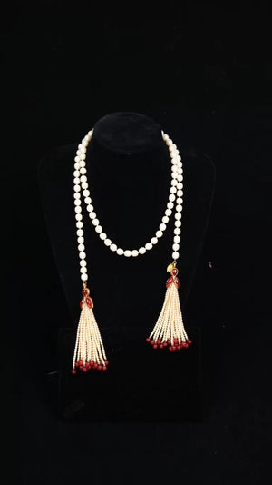 Chanel Red and White Pearl Glass Tassel Pendant Long Necklace Sweater Chain
