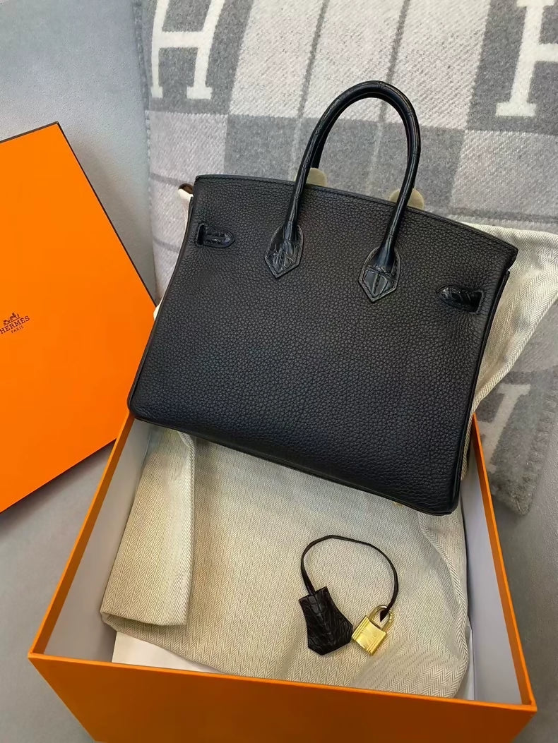 Hermes Birkin touch 25 Black Togo  Matte Alligator Leather with gold hardware