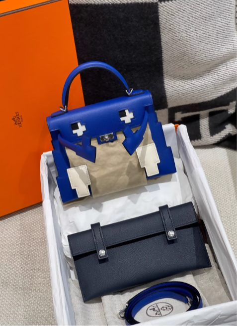 Limited Edition Hermès Kelly Doll Picto in Bleu Royal, Nata, Gold and Bleu Indigo Epsom Leather with Palladium Hardware