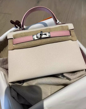 Hermès mini Kelly Chèvre Craie  Rose Sakura Palladium Hardware