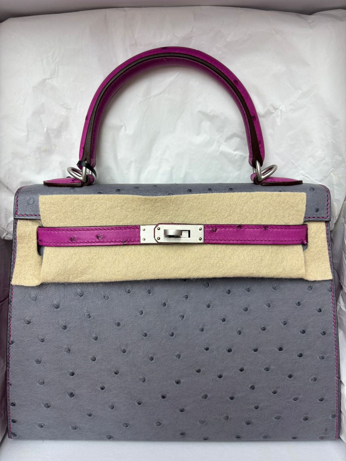Hermes Kelly 25 HSS Gris Agate / Rose Pourpre Ostrich Palladium hardware
