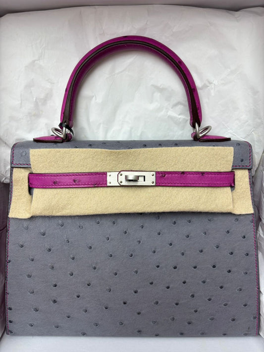 Hermes Kelly 25 HSS Gris Agate / Rose Pourpre Ostrich Palladium hardware