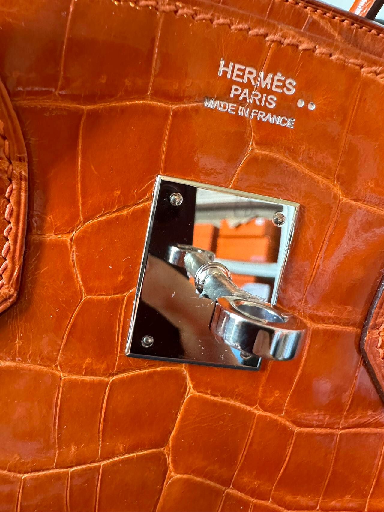 Hermes Birkin 35 Orange Shiny Crocodile Leather Palladium Hardware