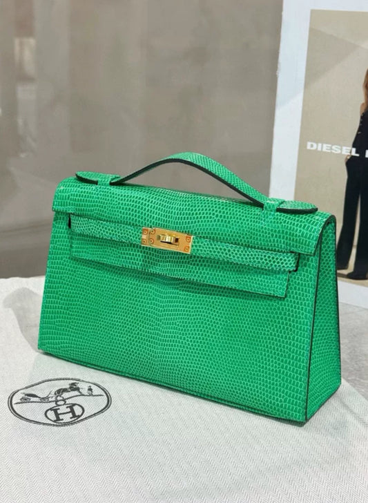 Hermès Kelly Pochette  Vert Jade Lizard Gold Hardware