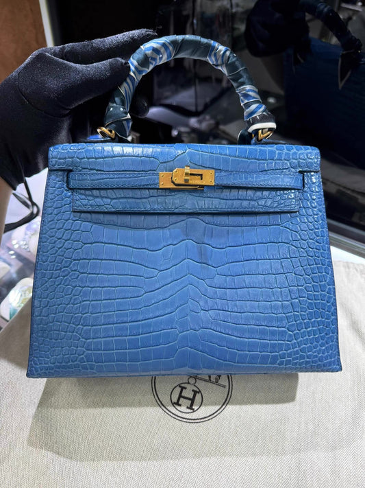 Hermes Kelly 25 Bleu Mykonos Matte Crocodile Leather Gold Hardware