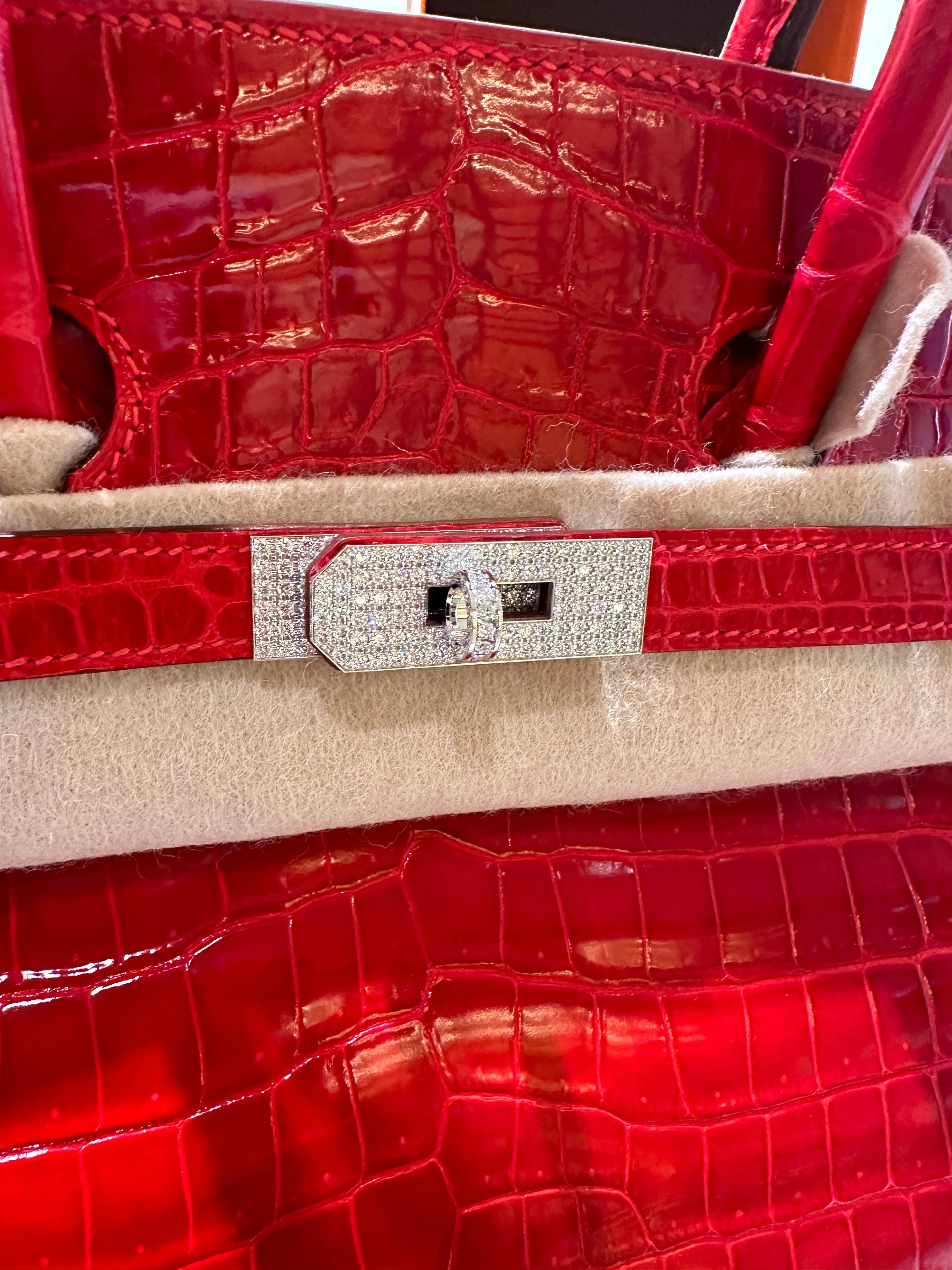 Hermès Birkin 35 Rouge Braise Shiny Porosus Crocodile – 18K White Gold & Diamond Hardware