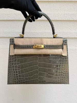 Hermes Kelly 25 Gris Ciment Shiny Alligator Gold hardware