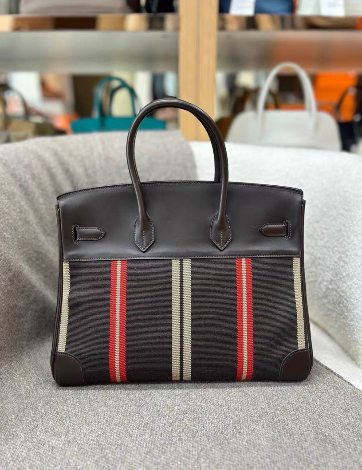 HERMÈS JUMPING BIRKIN 35 MULTICOLOR CANVAS AND EBENE BOX PALLADIUM HARDWARE