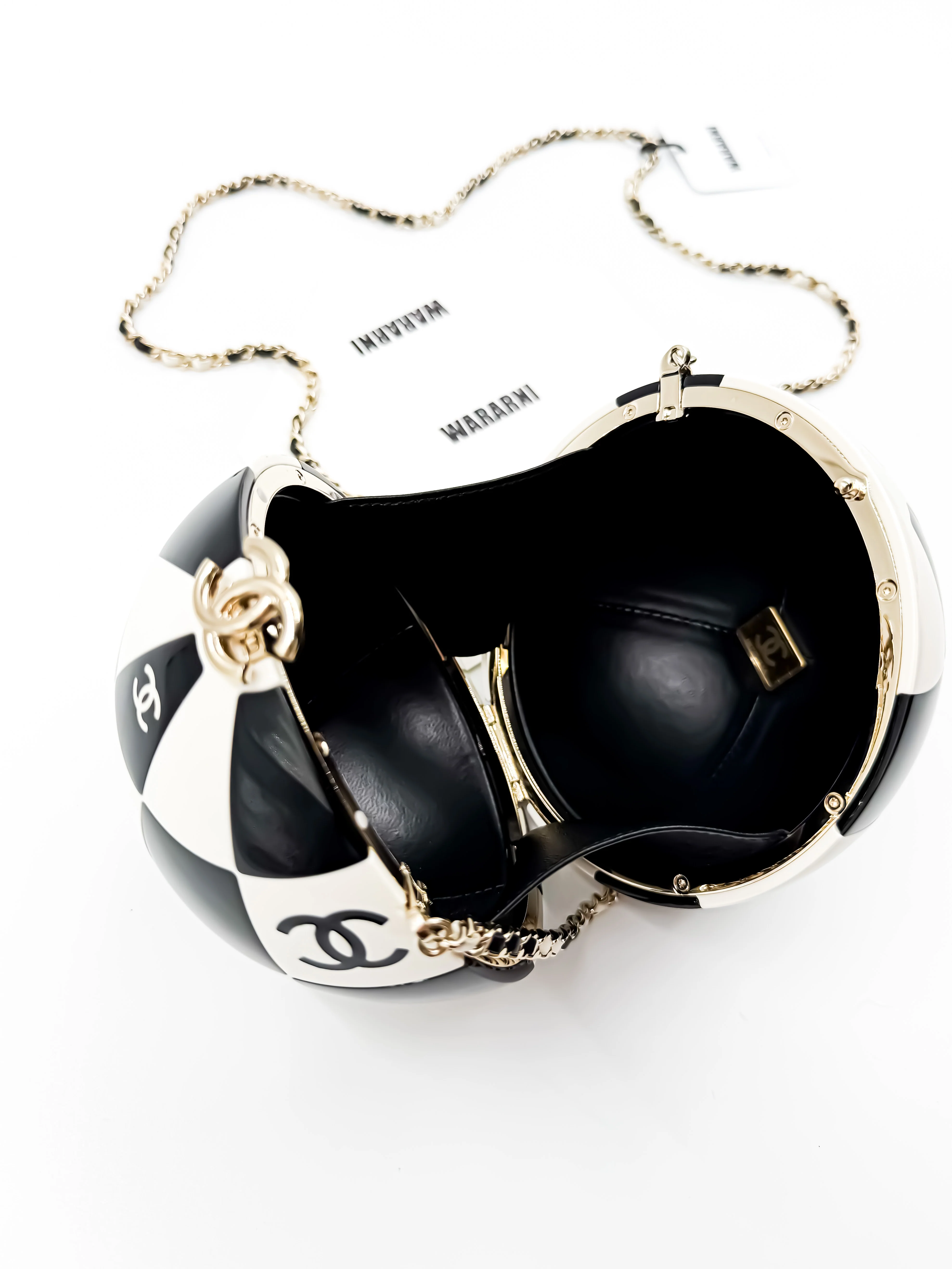 Chanel 23C Black & White Resin & Enamel Checker Sphere Minaudiere with Light Gold Hardware