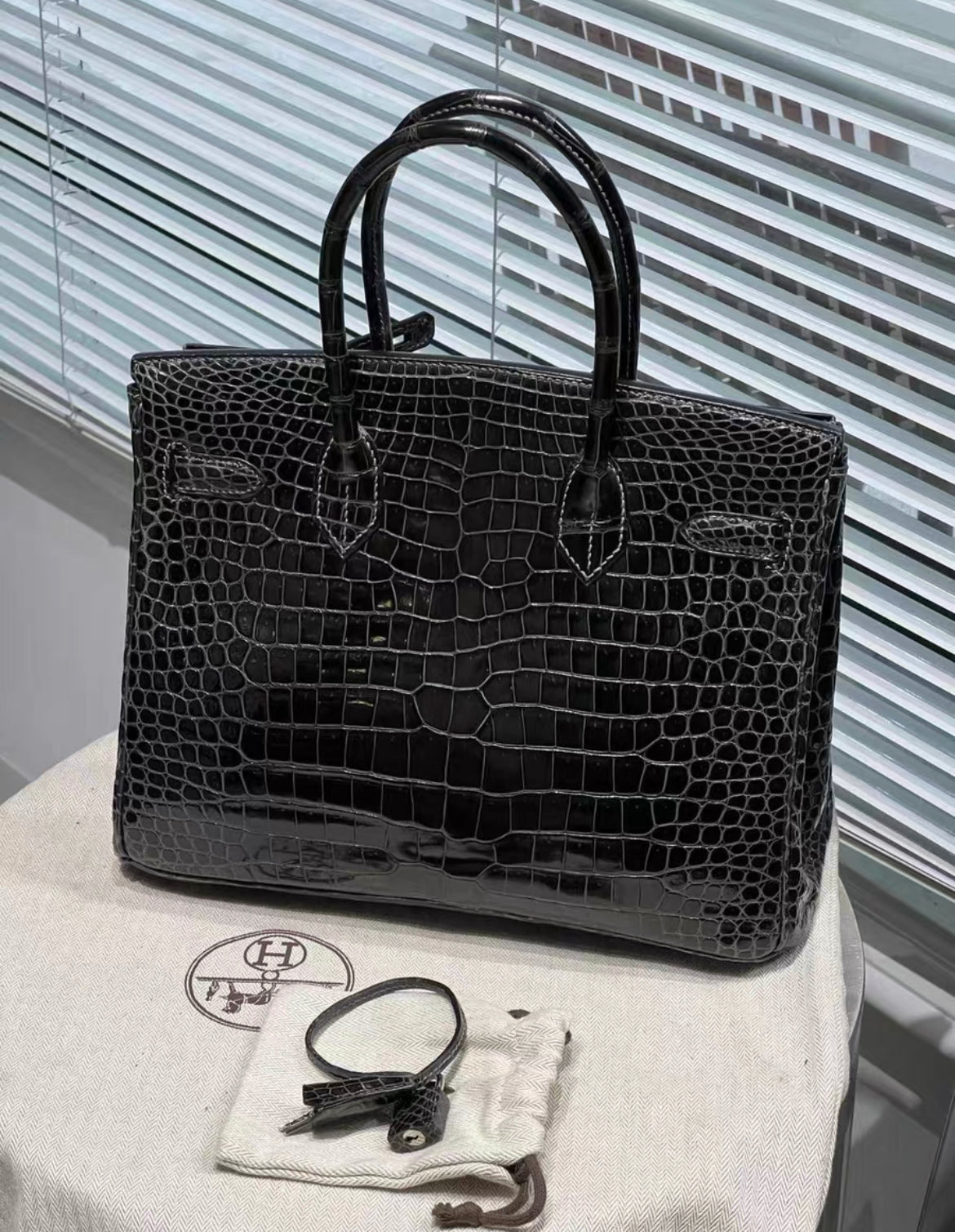 Hermès Birkin 30 Black Matte Crocodile with white stitching and Palladium Hardware