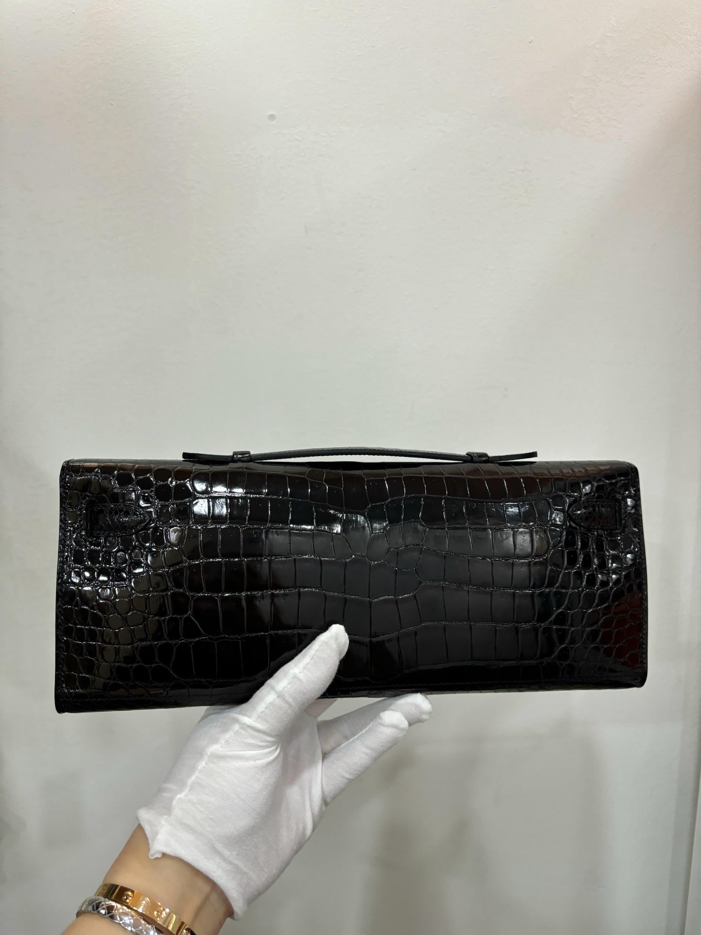 Hermès Black Shiny Crocodile Kelly Cut Clutch with Palladium hardware