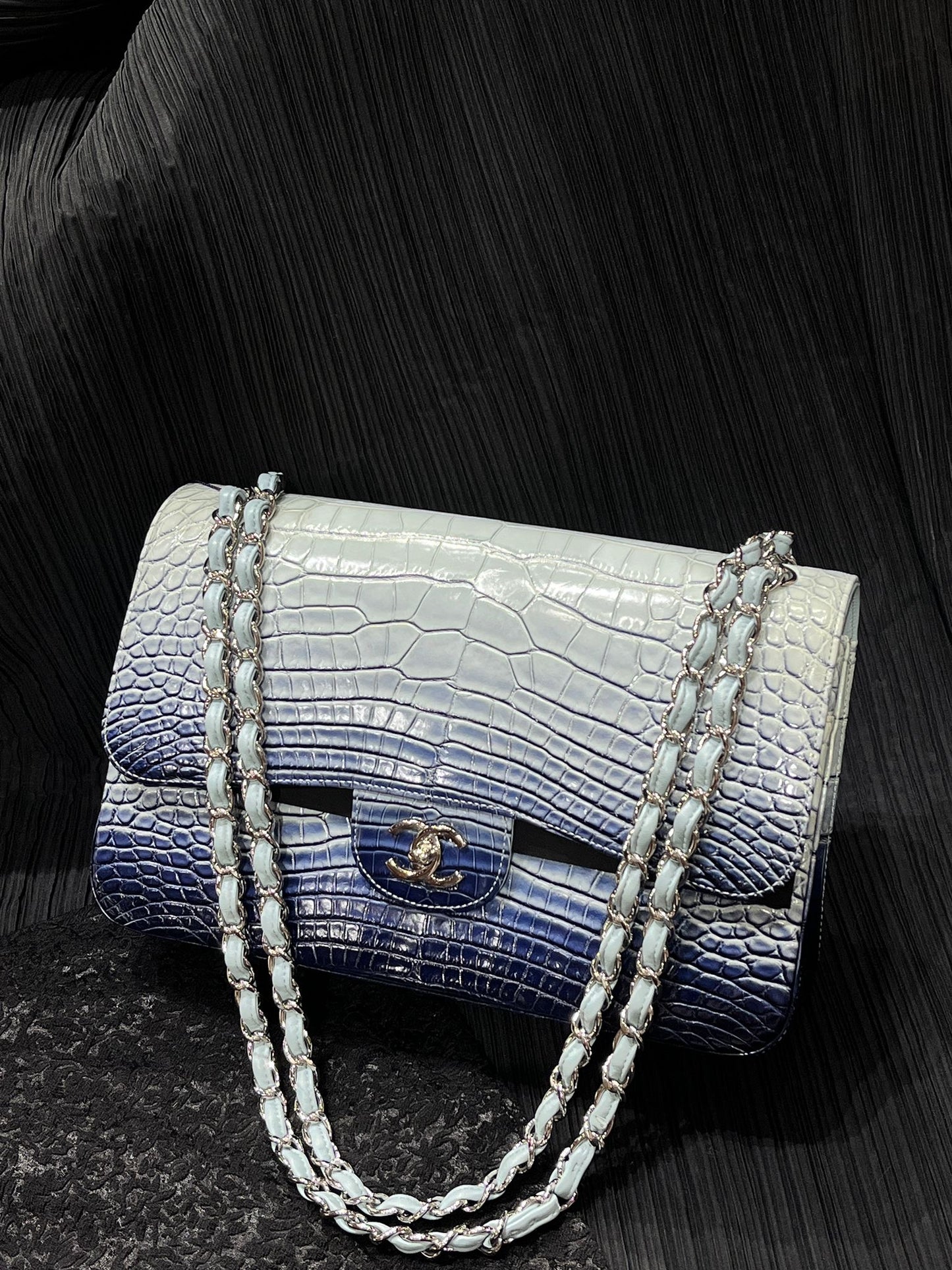 Chanel Light Blue Matte Alligator Leather Maxi Flap Silver hardware
