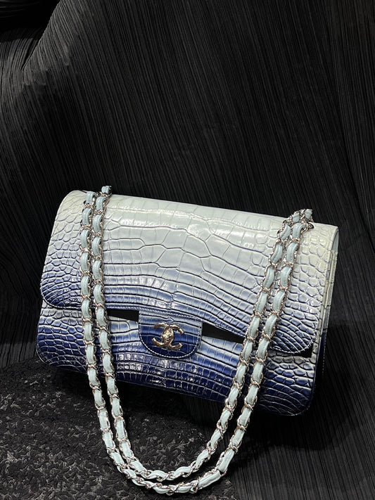 Chanel Light Blue Matte Alligator Leather Maxi Flap Silver hardware