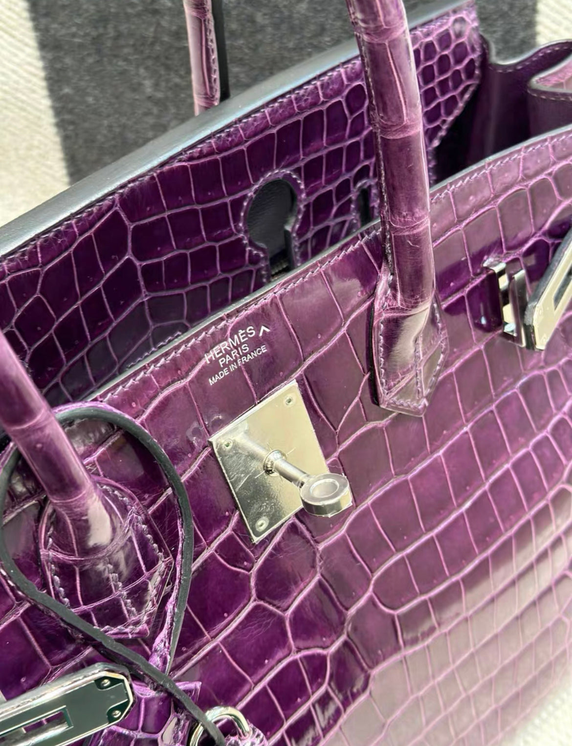 HERMES BIRKIN 30 SHINY AMETHYST POROSUS CROCODILE WITH PALLADIUM HARDWARE