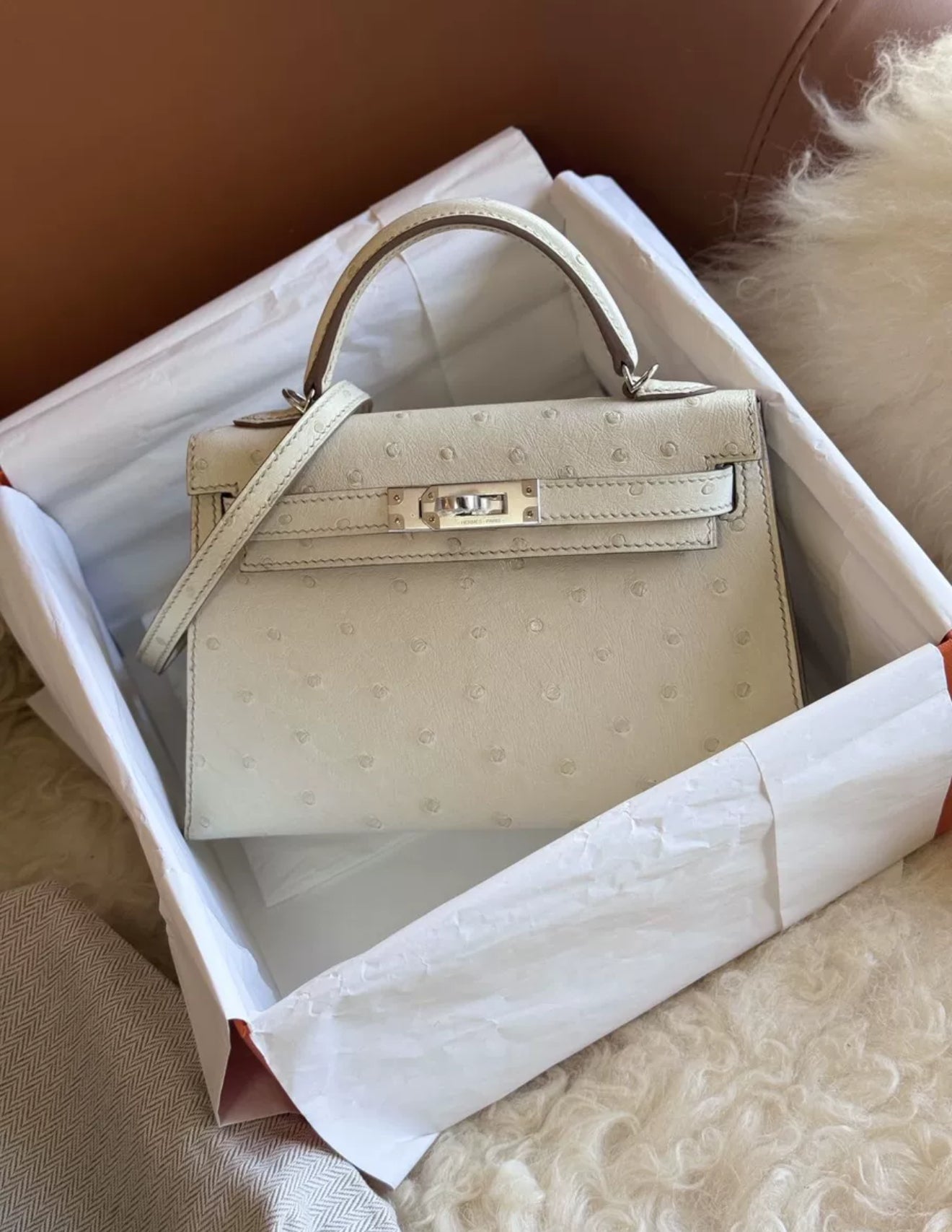 Hermès Mini Kelly Nata Ostrich Palladium Hardware