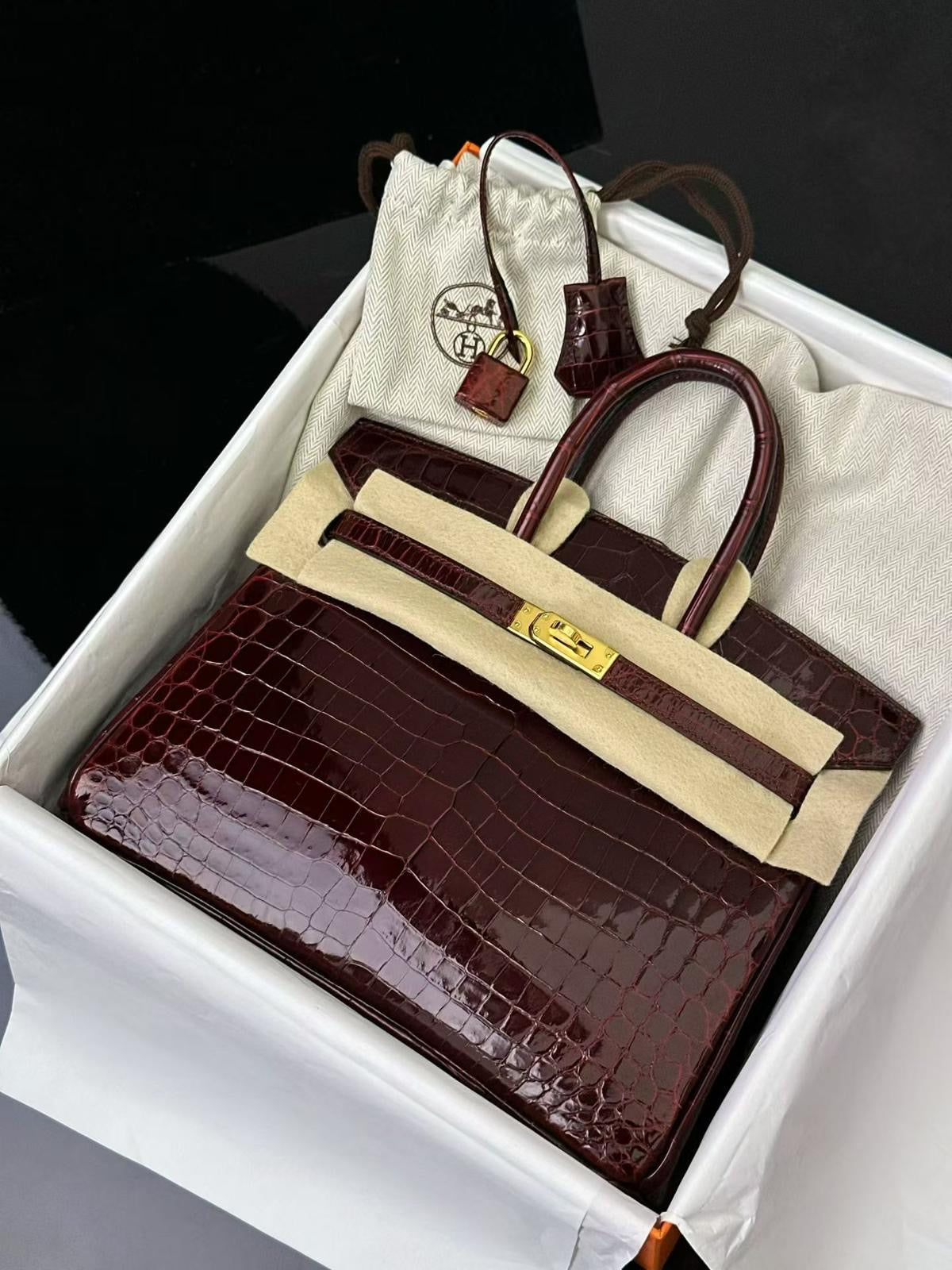 Hermes Birkin 25 Rouge Bordeaux Burgundy shiny crocodile leather gold hardware