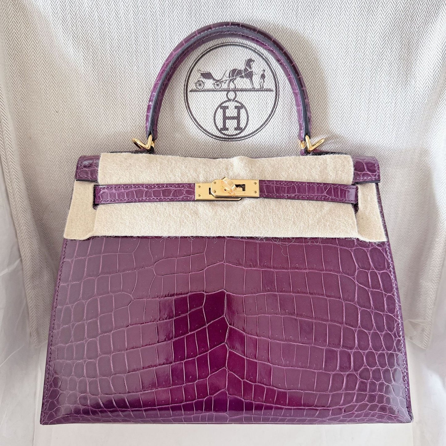Hermès Kelly 25 Sellier Amethyst Shiny Niloticus Gold hardware