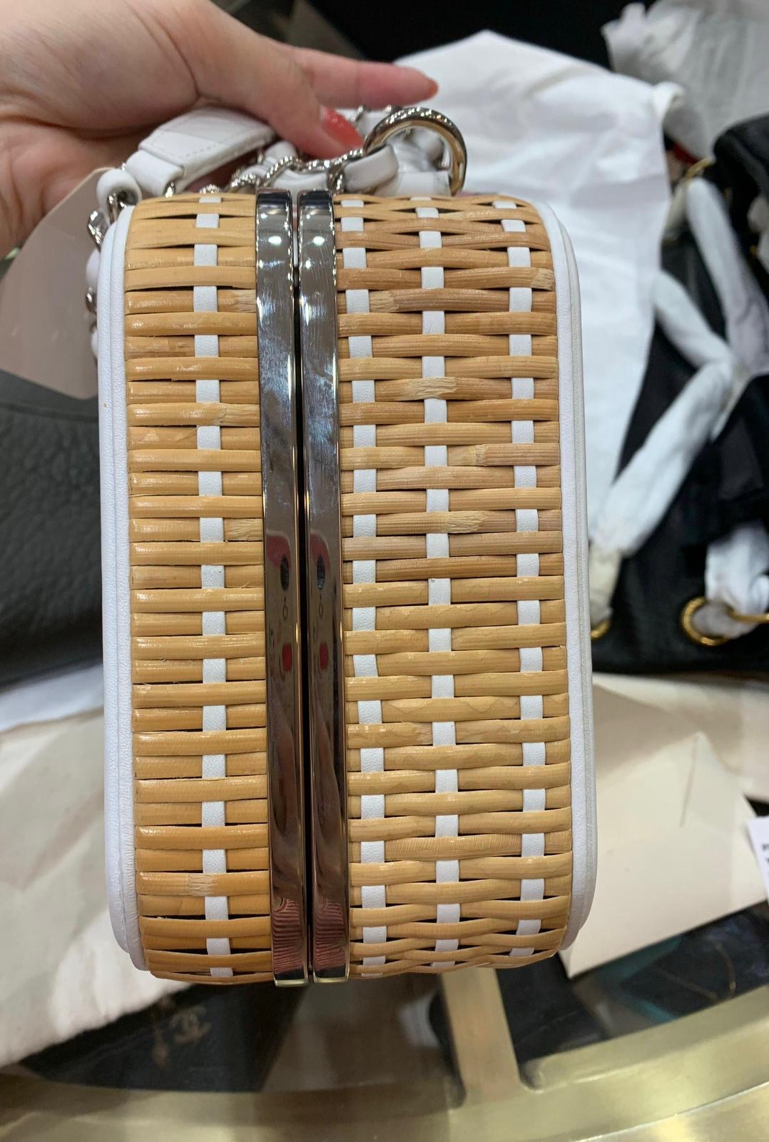 Chanel Vanity Case Beige  White, Rattan, Patent Calfskin  Silver-Tone Metal
