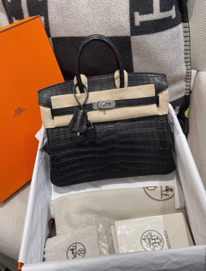 Hermes Birkin 25 Black Matte Crocodile Leather Palladium Hardware