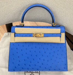Hermes Kelly 25 Bleuet Ostrich Gold hardware