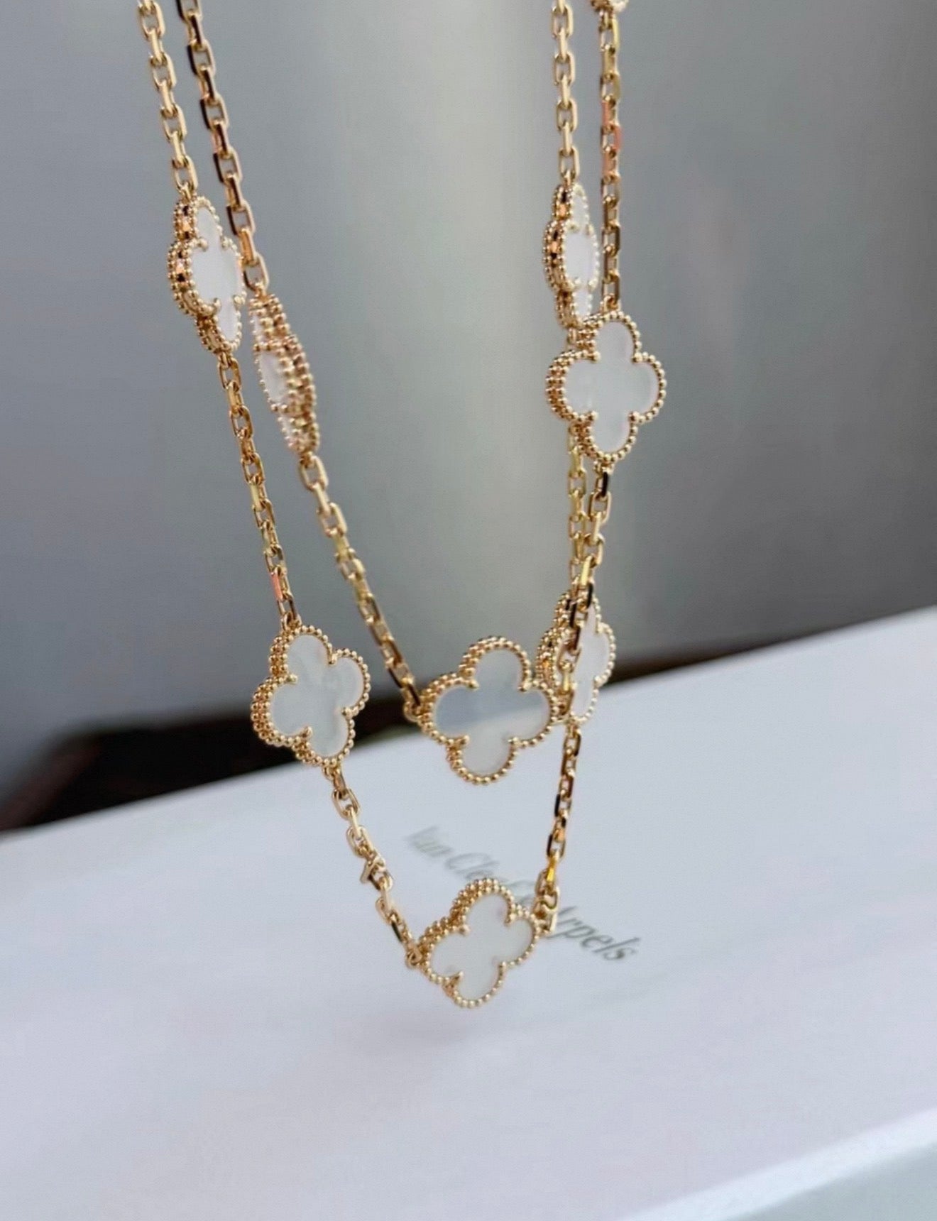 Van Cleef  Arpels Gold and Rock Crystal Vintage Alhambra 20 Motifs Long Necklace, Chain