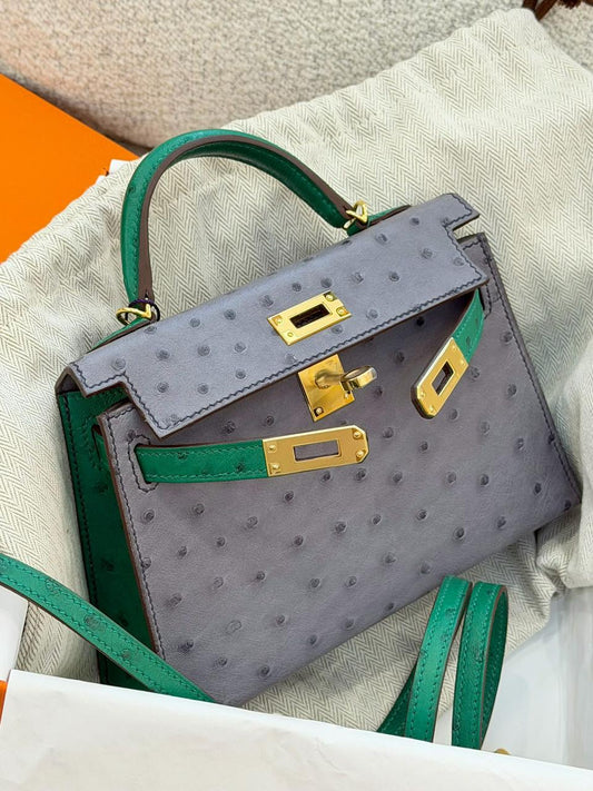 Hermès Mini Kelly 20 HSS Gris Agate / Vert Vertigo Ostrich Gold hardware