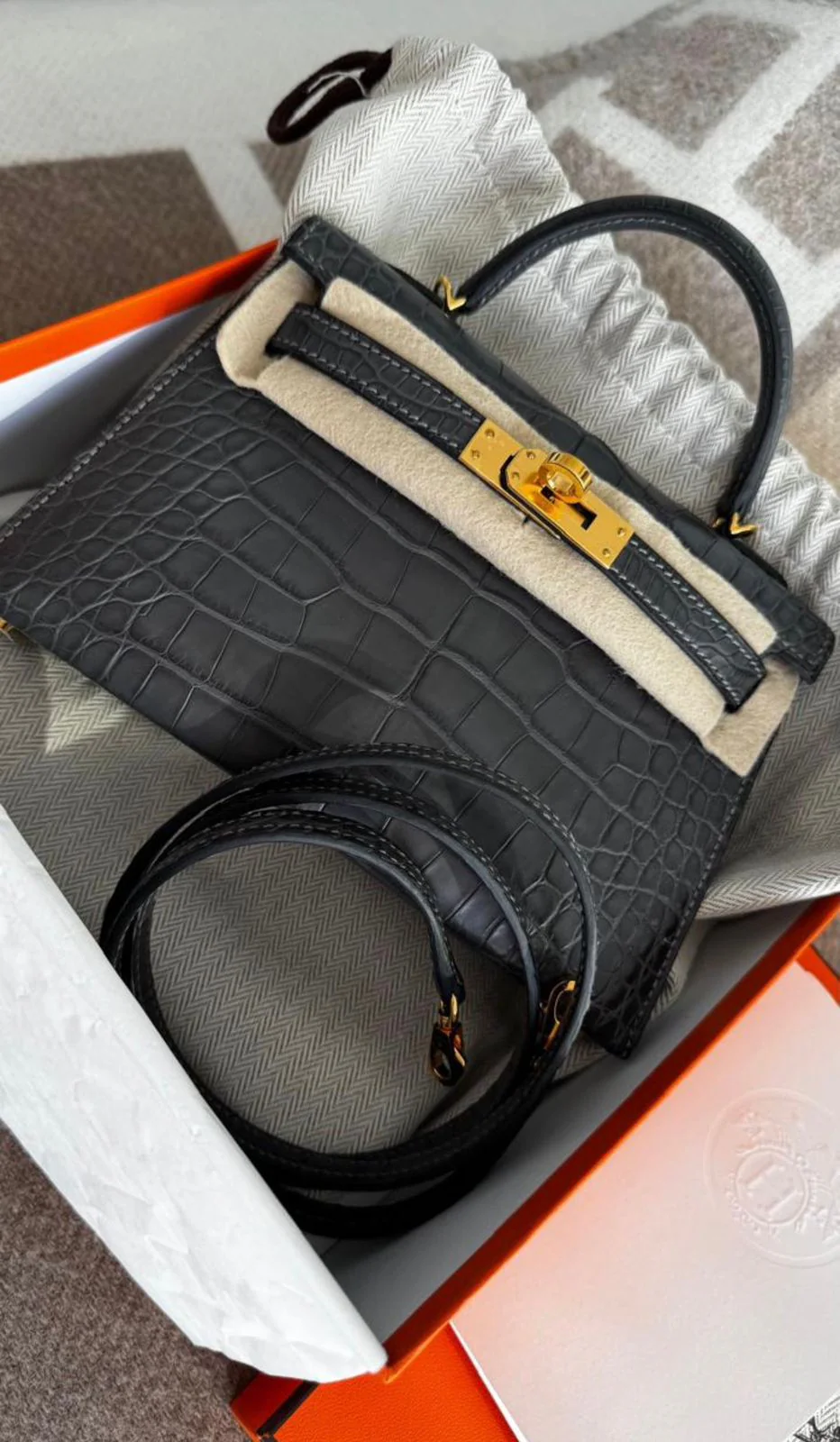 Hermes Mini Kelly 20 Graphite Matte Alligator Gold hardware