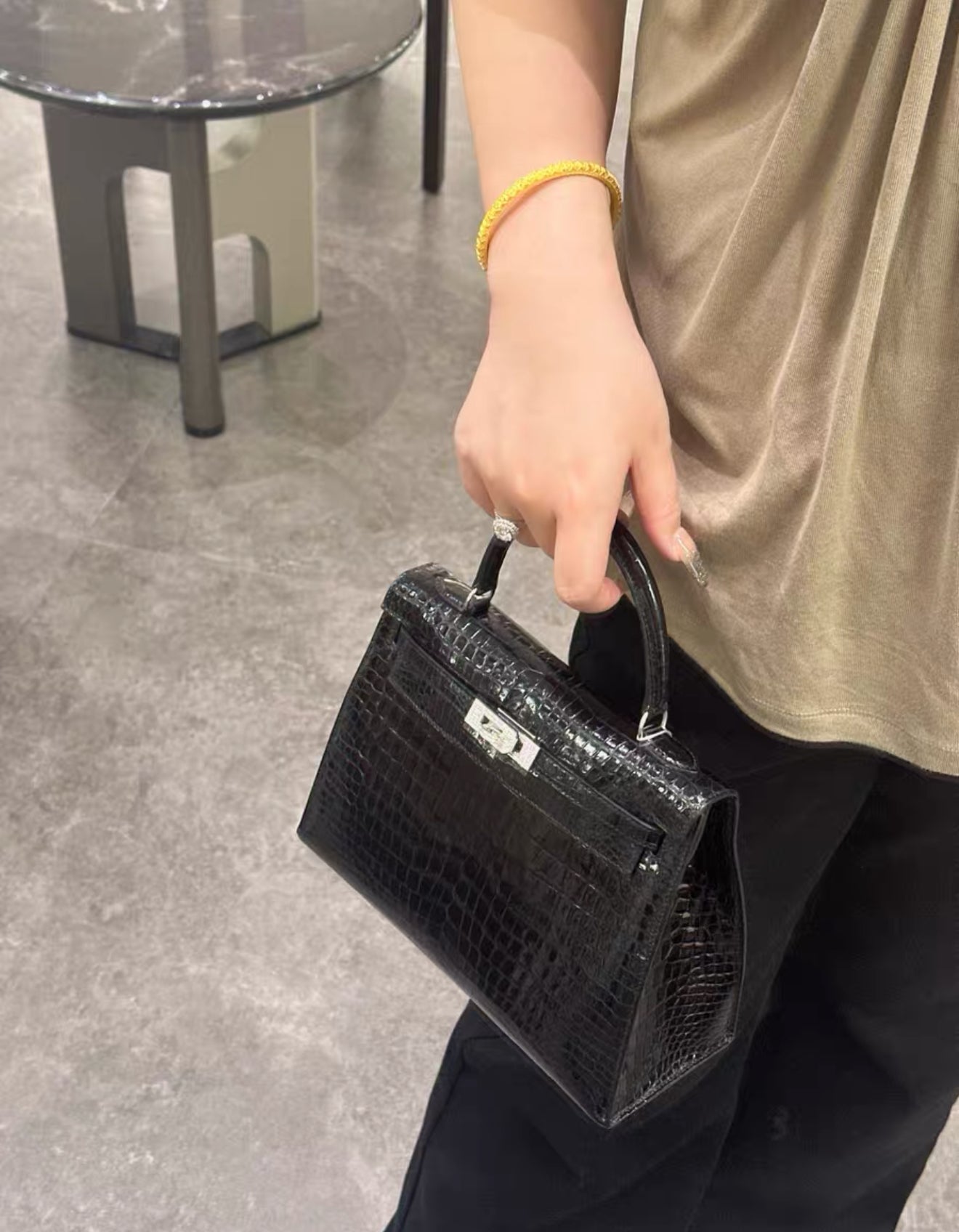 Hermes Kelly 25 Shiny crocodile leather white gold  diamond hardware