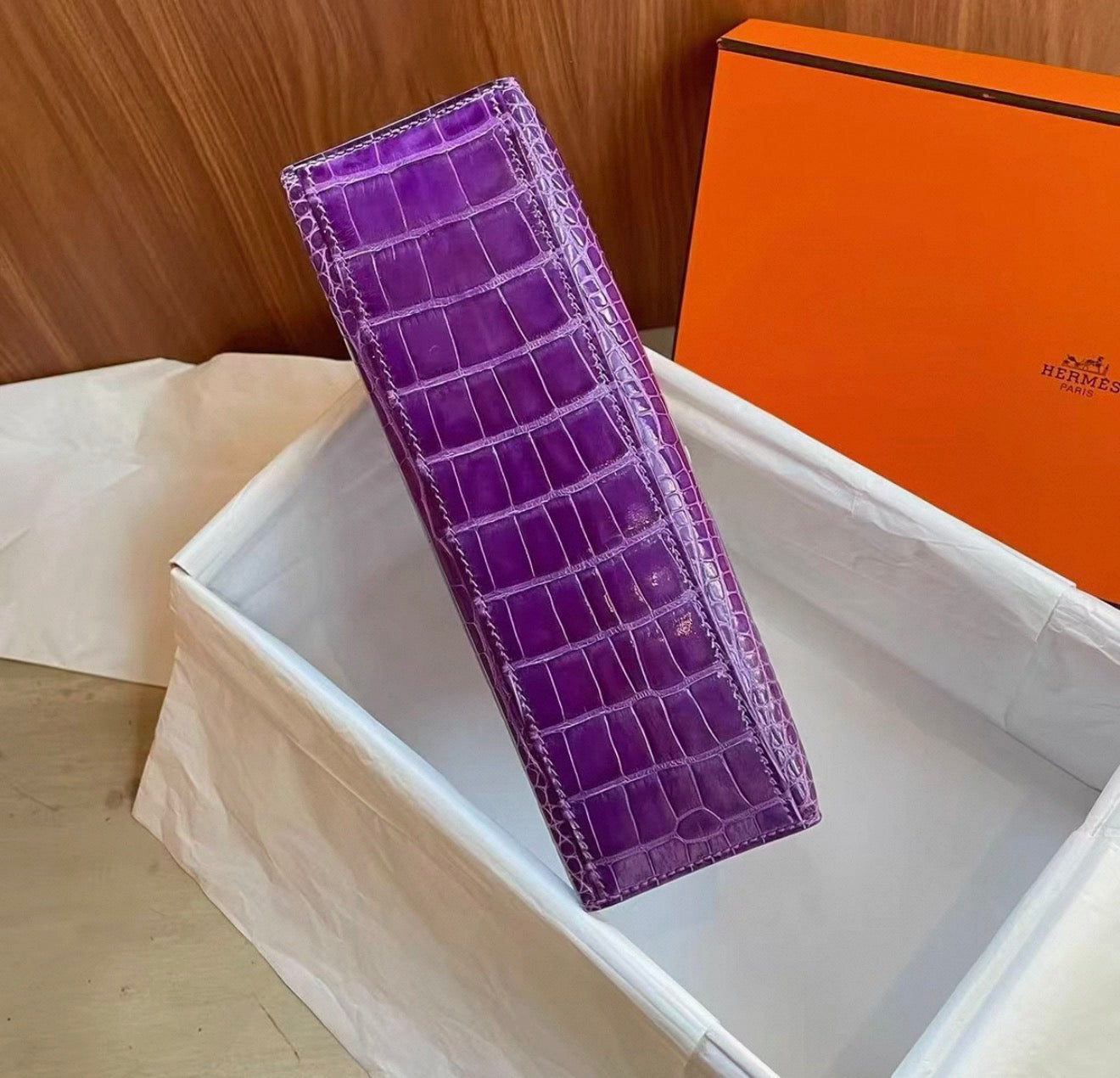 Hermes Kelly pochette Ultraviolet Shiny crocodile leather palladium hardware
