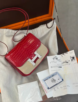 Hermès Constance 19 Red Shiny Crocodile Leather White Gold  Diamond Hardware