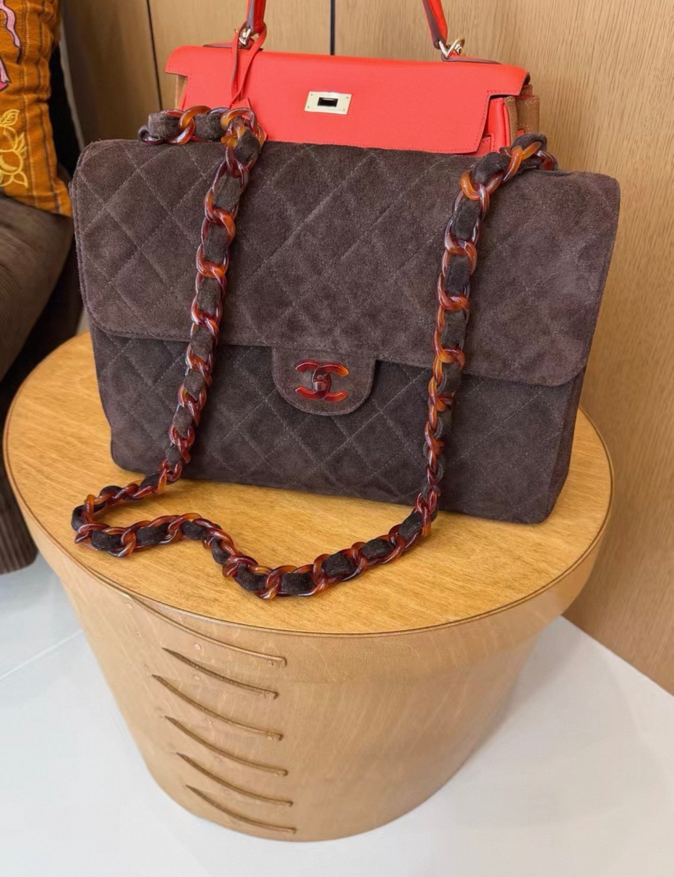 Chanel Maxi Fla Bag in brown suede leather with tortoise hardware
