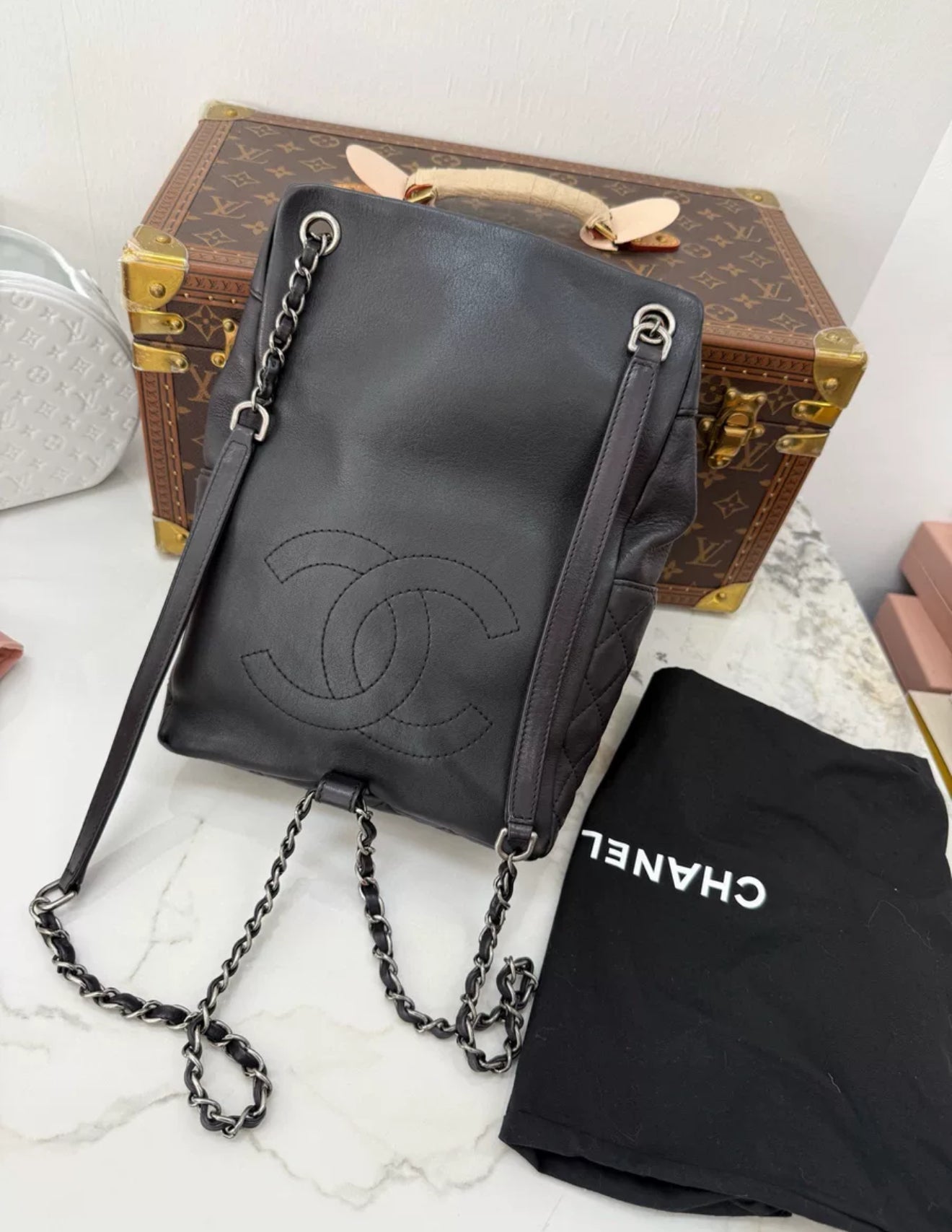 Chanel Vintage black leather Silver hardware backpack