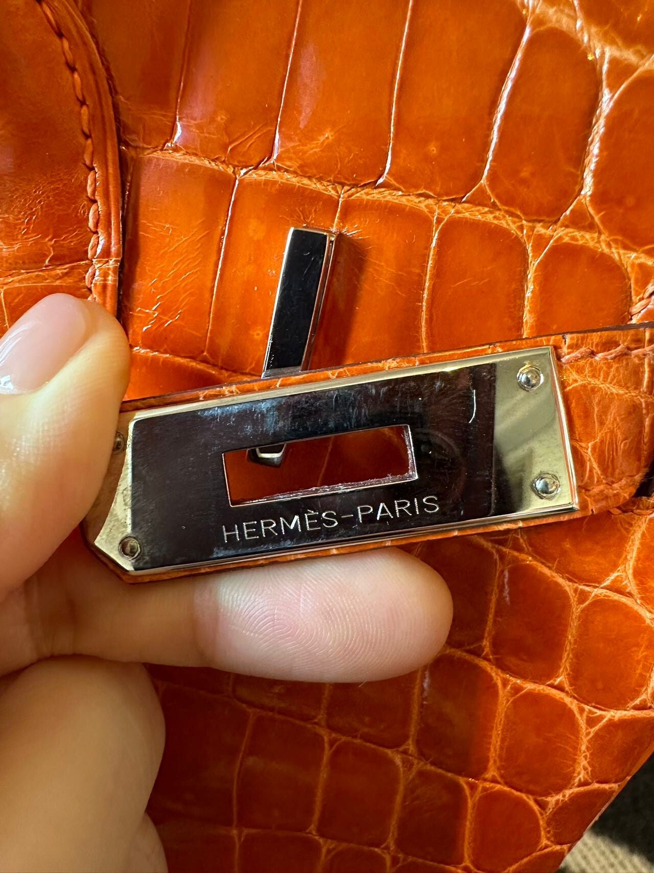 Hermes Birkin 35 Orange Shiny Crocodile Leather Palladium Hardware