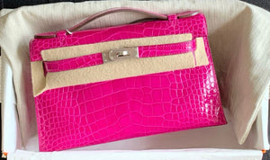 Hermès Kelly pochette Rose Scheherazade Shiny Alligator Palladium hardware