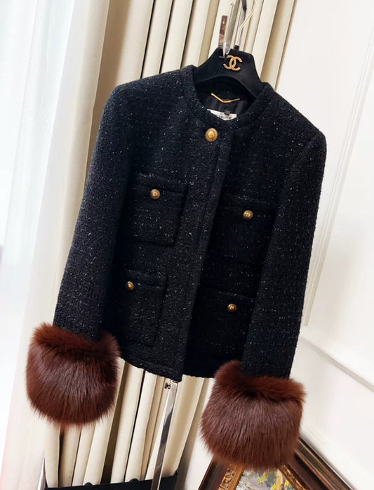 Saint Laurent Black Tweed  Fur Jacket