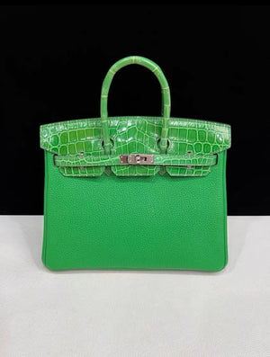 HERMÈS Birkin 25 Touch Bamboo Togo Shiny Crocodile Palladium hardware