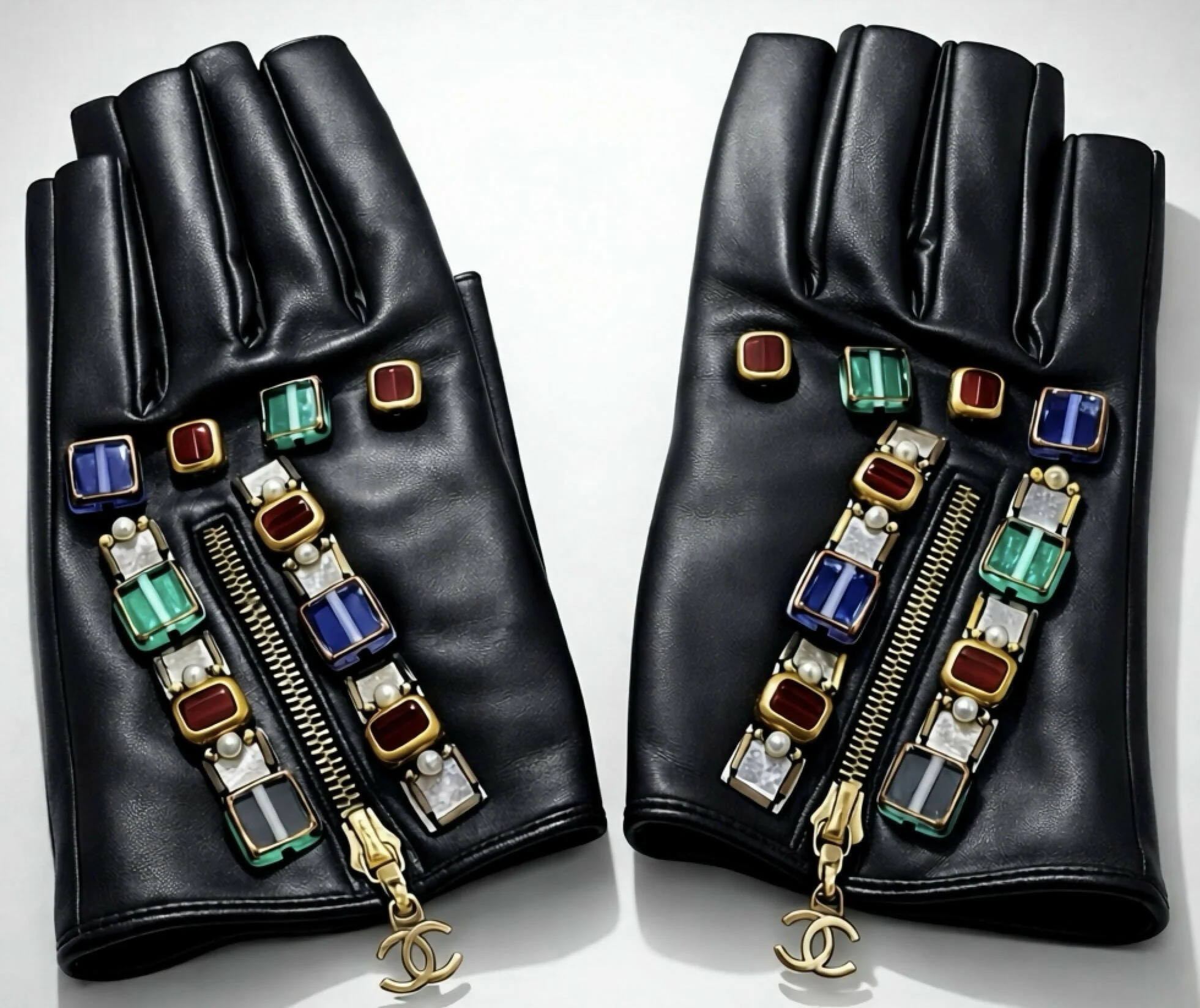 RARE Chanel 11A Paris Byzance Black Leather Jeweled Stone Gloves Size 7