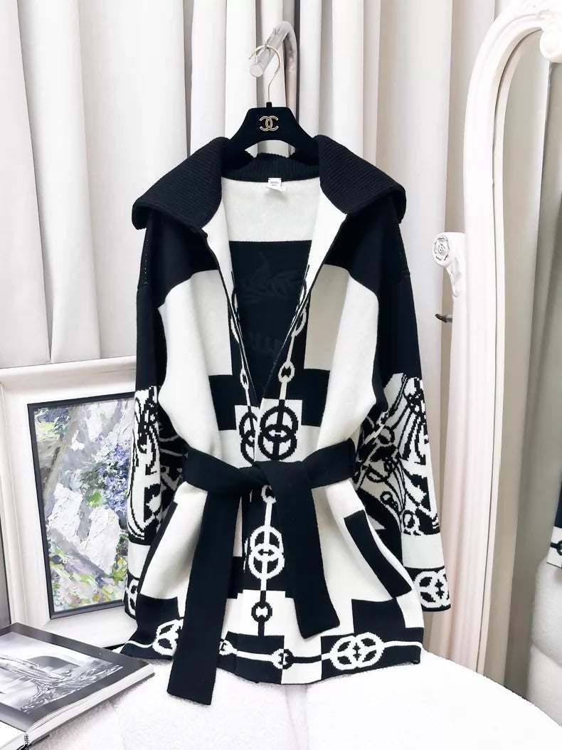 Hermes black and white cashmere knit cardigan/robe jacket with belt