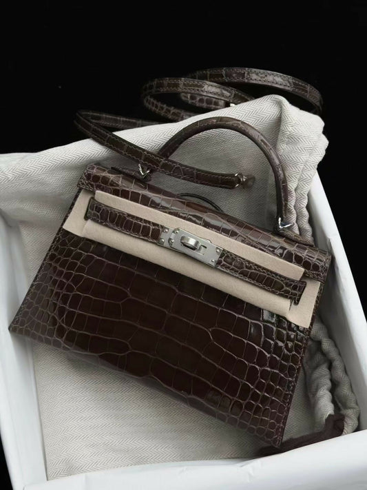 Hermès Mini Kelly 20 8C Gris Elephant Étoupe Alligator Lisse with Palladium Hardware