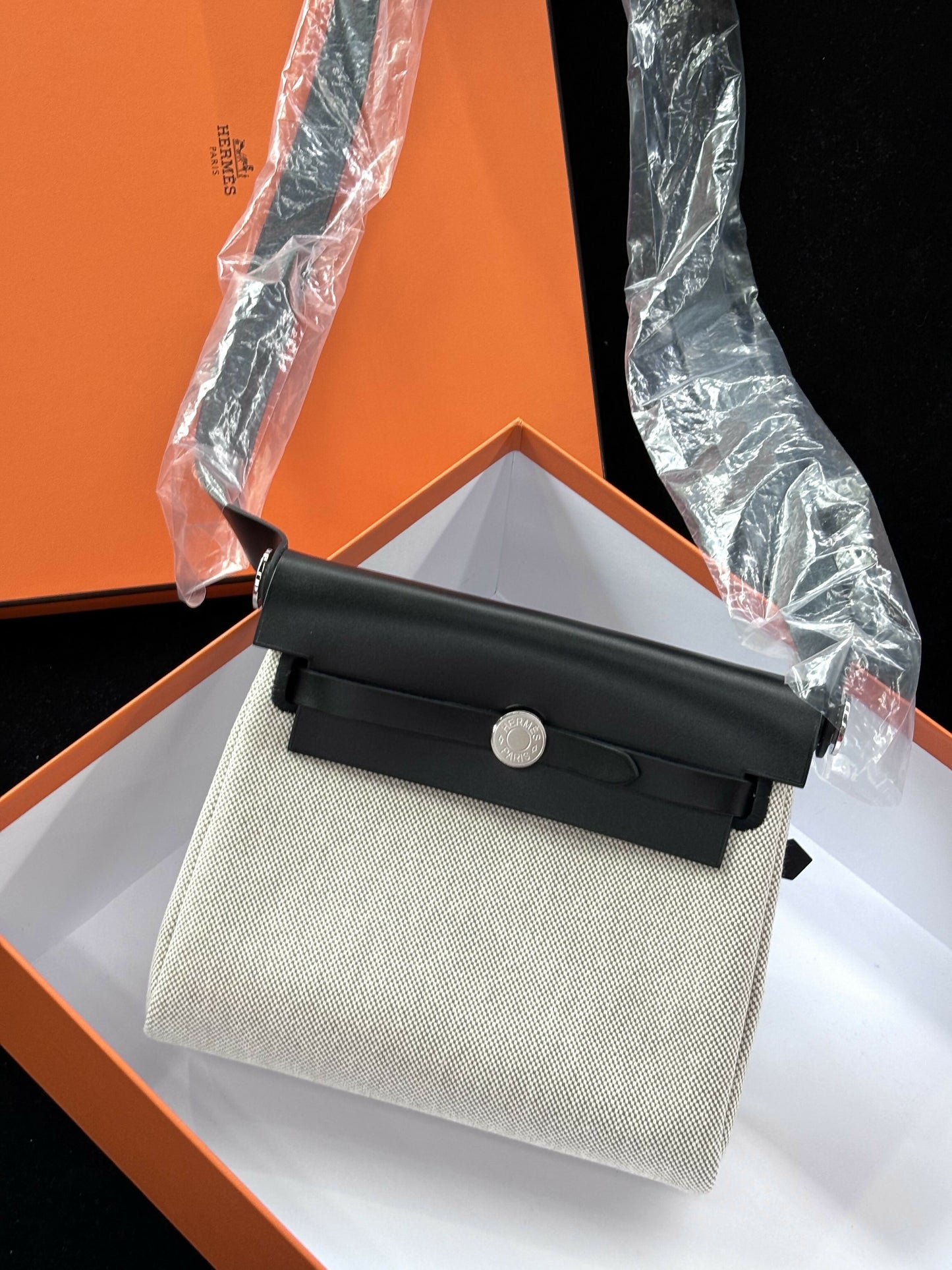 Hermès Mini Herbag Panda Noir  Blanc Toile with Palladium Hardware