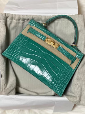 Hermes mini Kelly 20 Jade Green shiny crocodile leather gold hardware