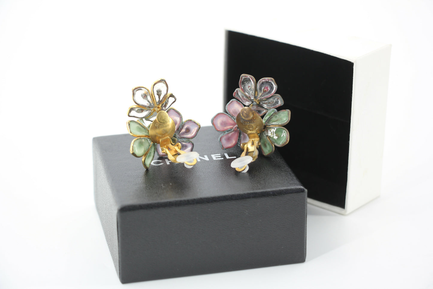Chanel Vintage 71-80 Rhinestone Pink and Green Flower Earrings