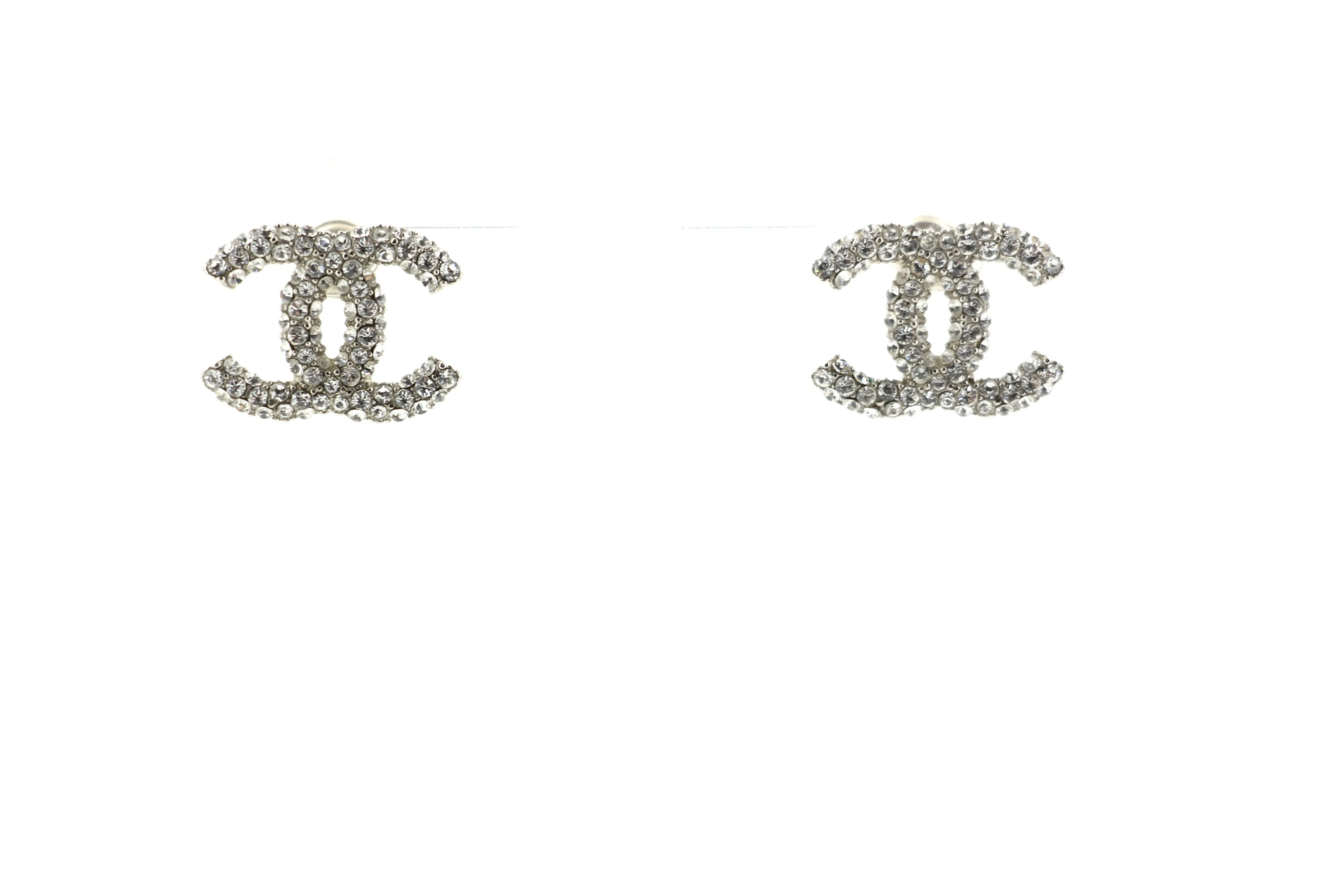 Chanel B18S Rhinestone Classic Silver CC Stud Earrings