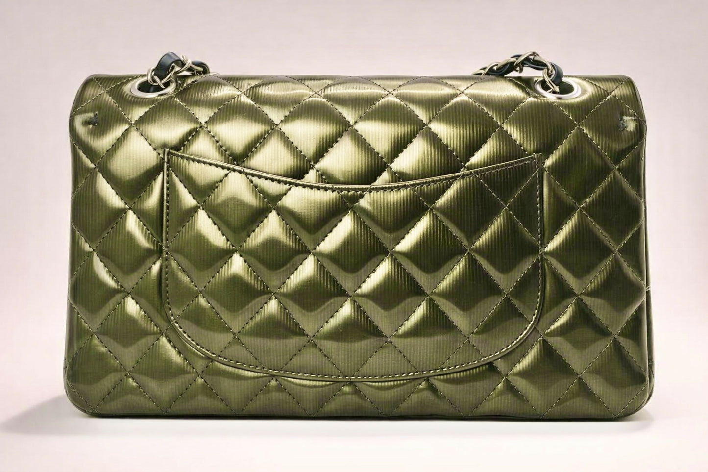 Chanel Medium Double Flap Green Straited Patent Leather Timeless Classic Bag SHW