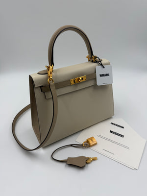 Hermes Kelly 25 Sellier in Craie / Trench epsom leather brushed gold hardware