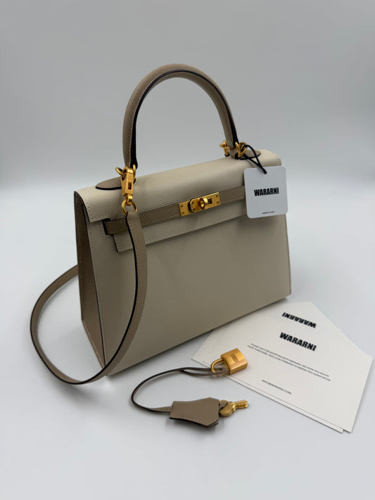 Hermes Kelly 25 Sellier in Craie / Trench epsom leather brushed gold hardware