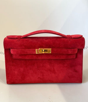 Hermes Kelly pochette Red Doblis suede leather gold hardware