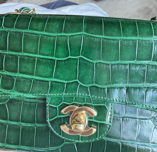 Chanel green alligator leather gold hardware mini flap bag