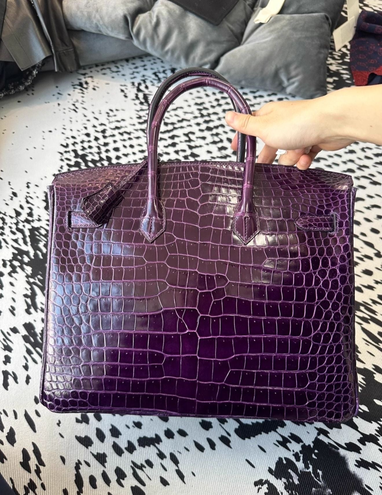 Hermes Birkin 35 Amethyst Shiny Crocodile leather palladium hardware