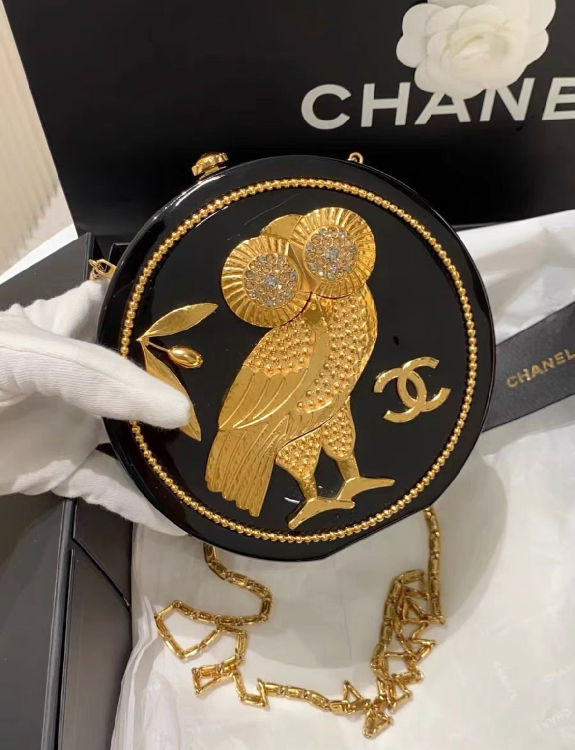 Chanel Minaudière Limited Edition Black Plexiglass  Gold Owl Gold-Tone Hardware